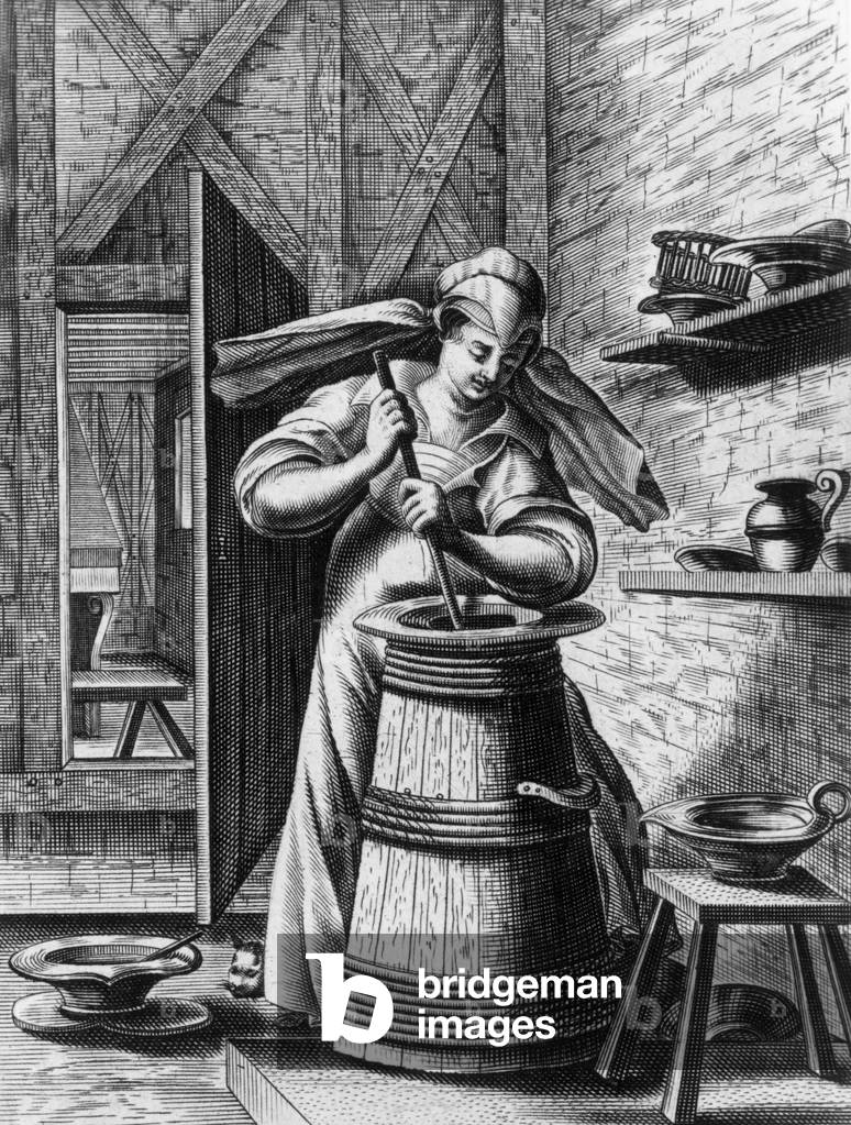 A dairymaid making butter, engraving from a book about clothes of trades, 1567