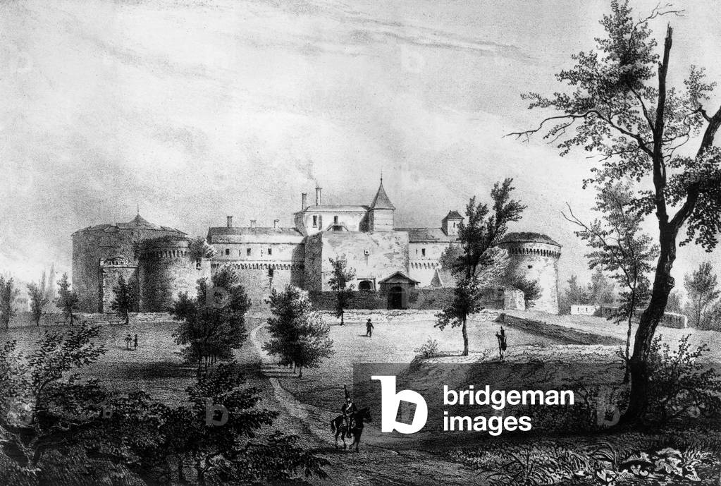 Ham fortress in France where Louis Napoleon Bonaparte (future Napoleon III) was prisoner after failed coup d'etat of Boulogne august 6, 1840, engraving