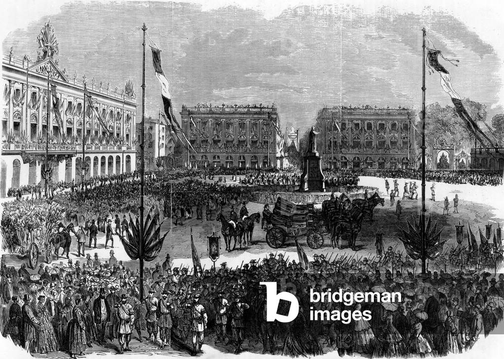 In Nancy (Lorraine, France) parade in presence of French emperor Napoleon III, empress Eugenia, july 15, 1866, engraving