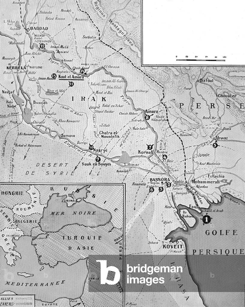 Map of the battles of the English troops against the Turkish army in Persian Gulf Mesopotamia between 1914 and 1916