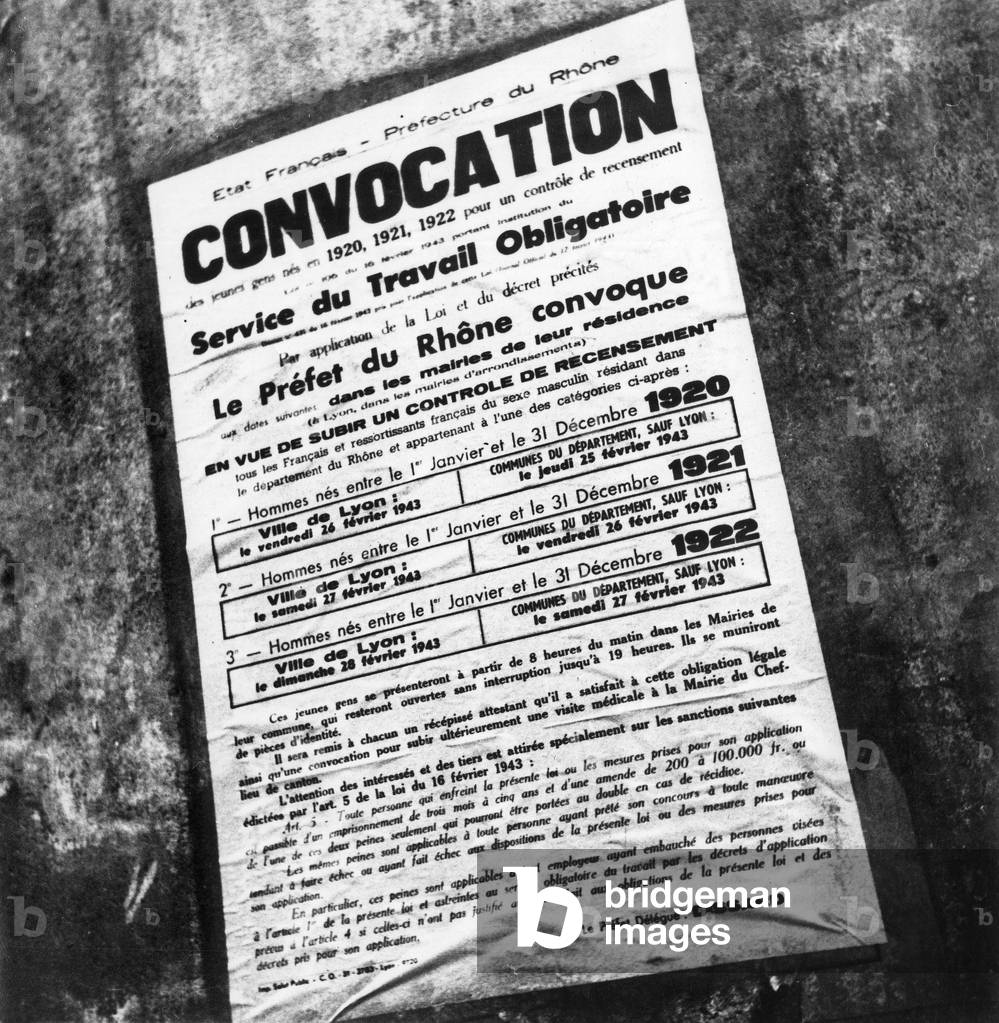 Poster for census for STO (compulsory labour organization set up in 1943 during the German occupation of France) in Lyon, France, february 1943