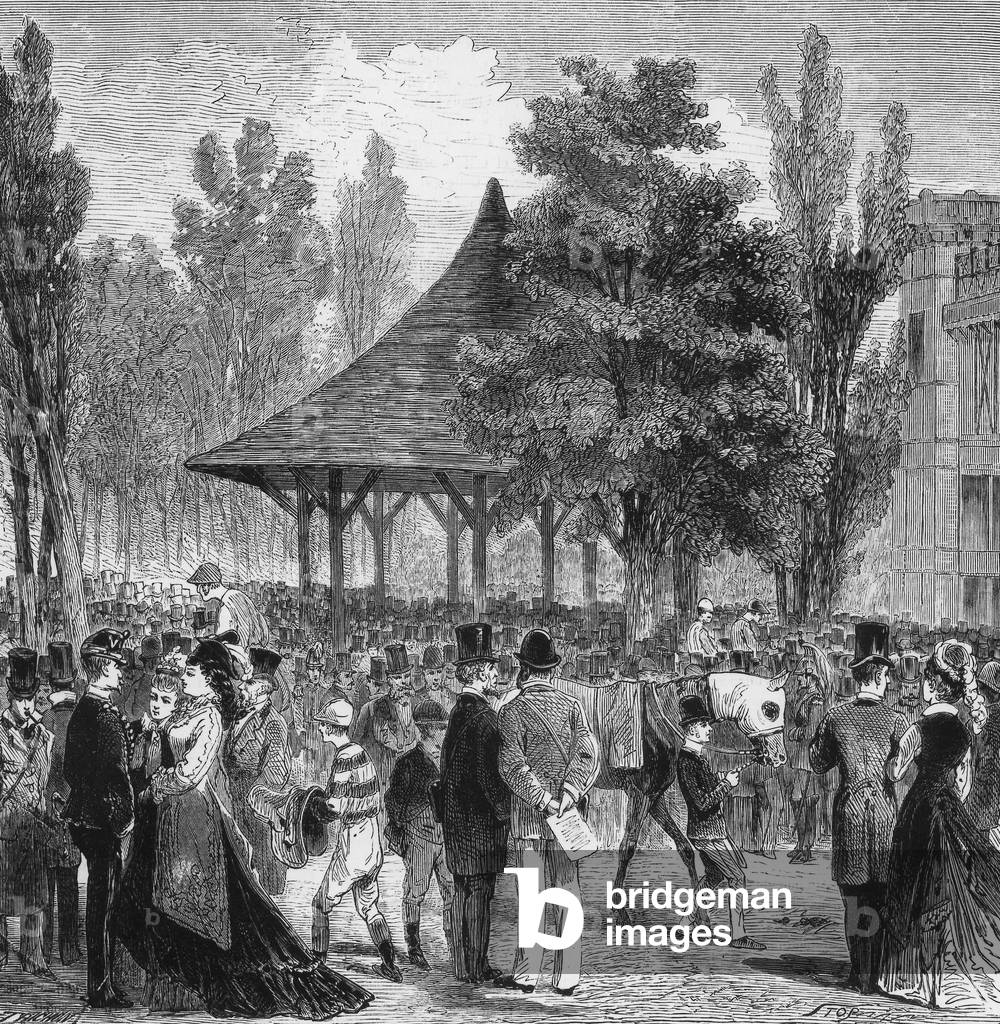 Longchamp horse race racing, c. 1880, engraving