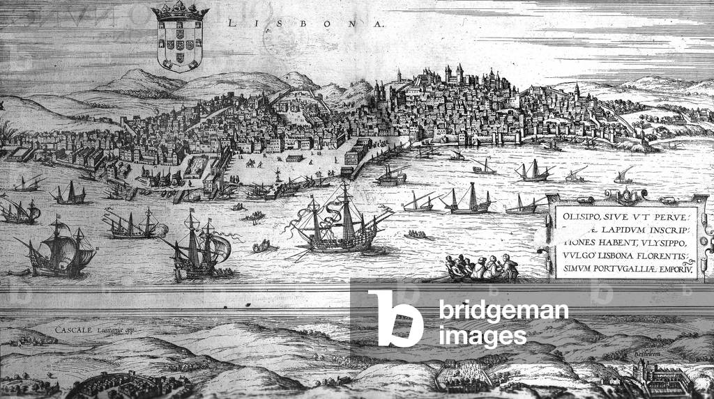 In 1531 after one of his boat is arested by the portuguese King Jean III, French shipowner Jean Ango (1480 - 1545) threat to block Lisbonne Port , engraving