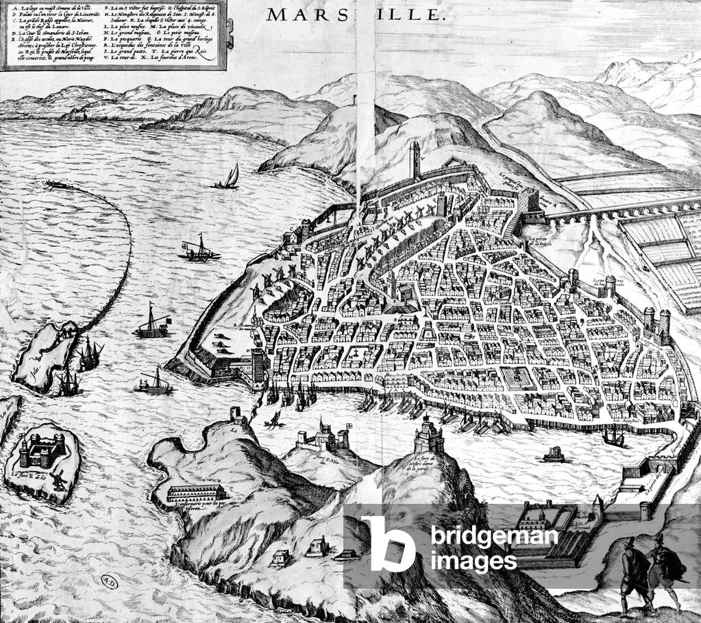 aerial View of the harbour and city of Marseille, France in the 16th century, engraving