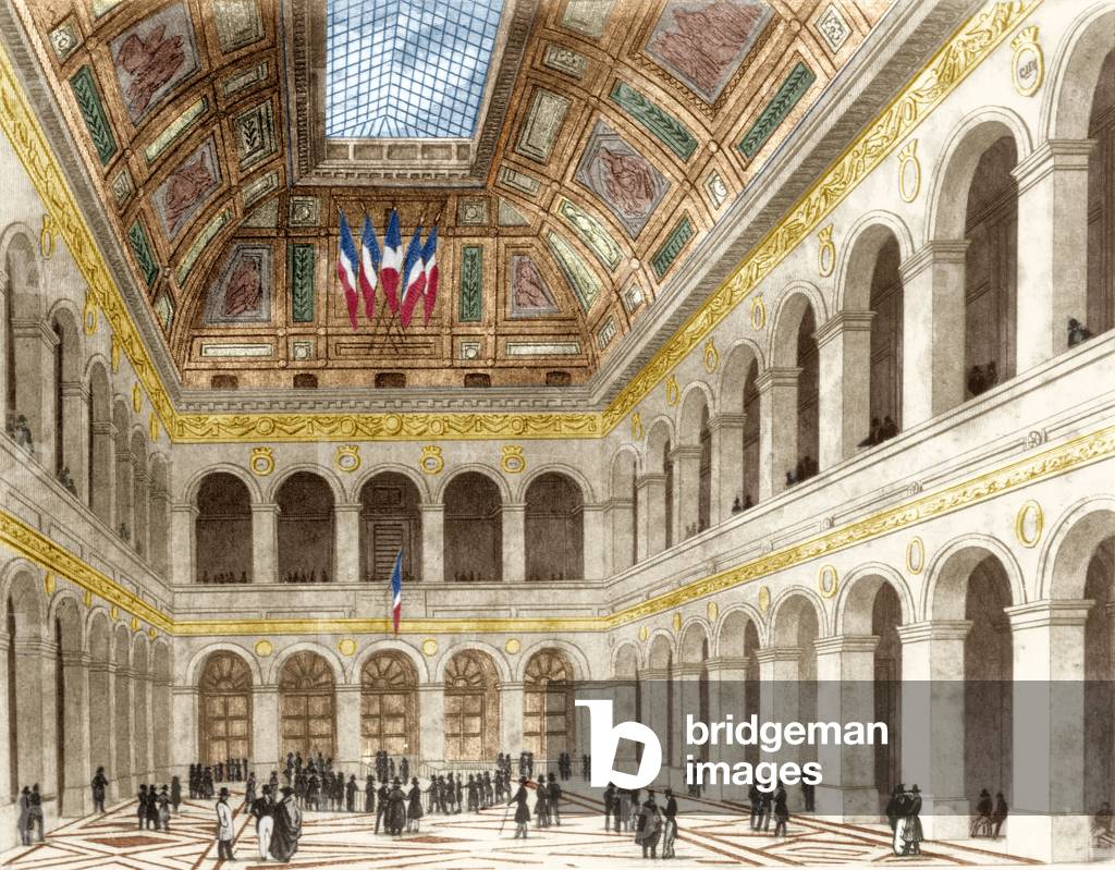 Interior of Paris stock exchange, 1831, engraving colourized document