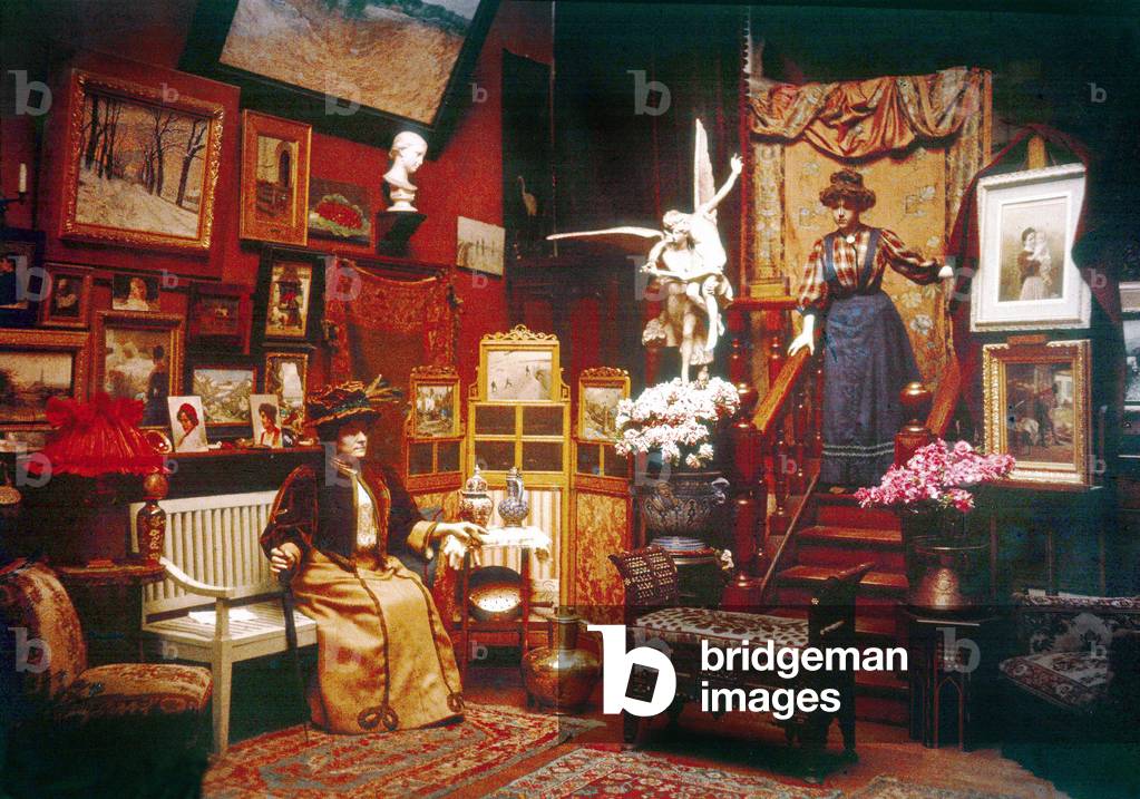 inside View of exhibition room of an art collector, c. 1910, autochrome Lumiere contretype Basset (color photo on glass, 1st color photography process invented in1903)