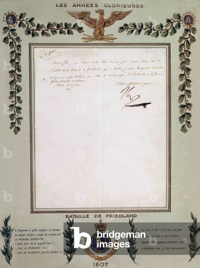 Letter of French emperor Napoleon 1st to prince Eugene written in Tilsitt after Friedland battle, june 20, 1807