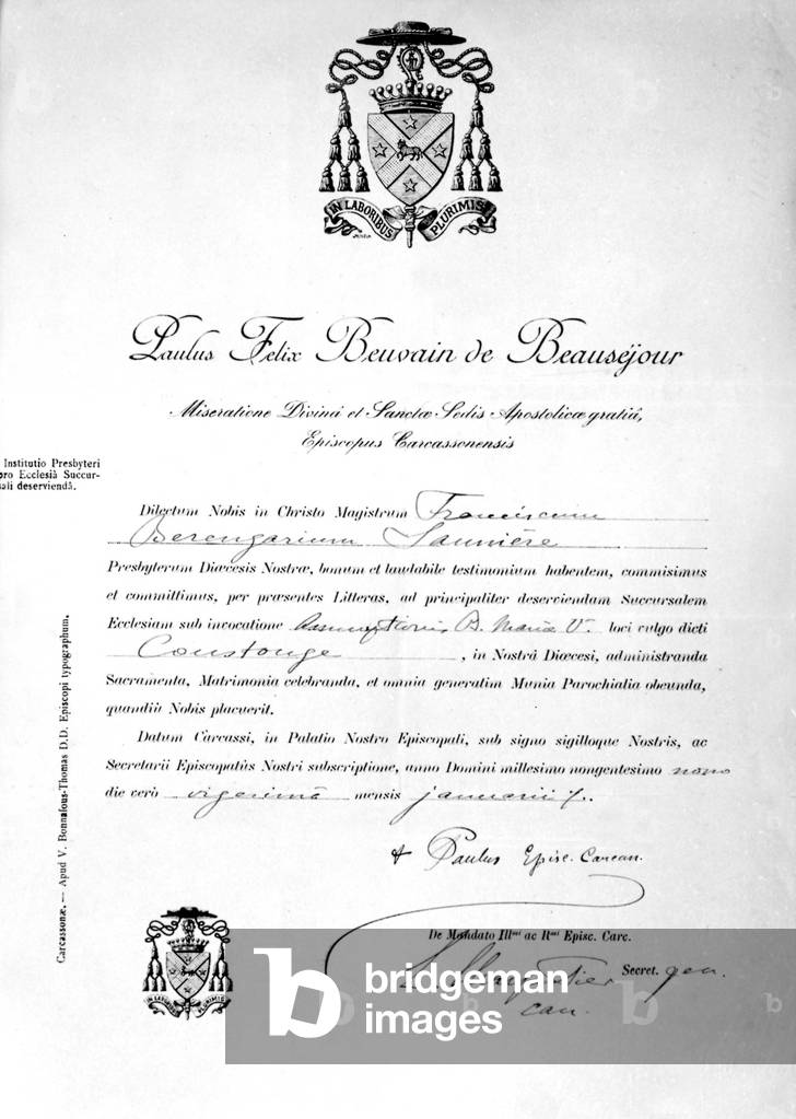 official letter announcing to Sauniere his transfer to Coustouge around 1909 (he prefered to hand in his resignation)
