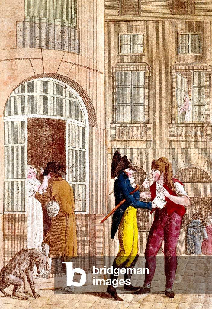 daily life at the time of the Directoire Regime (1795-1799) in France, engraving : the flight of steps
