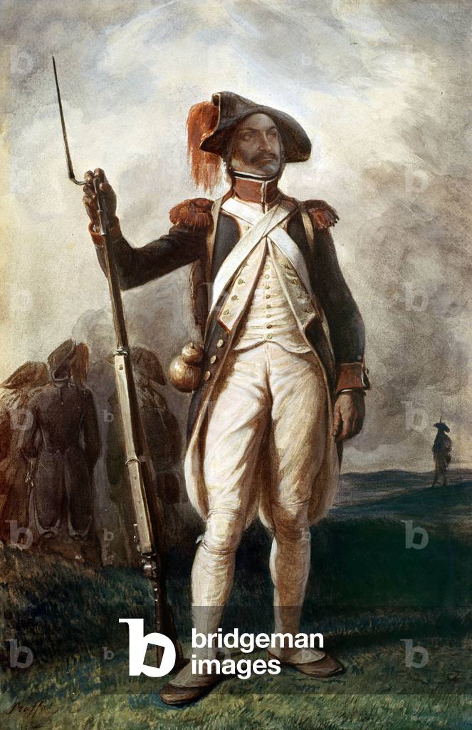 Soldier of French republican army in uniform with bayonet, French Revolution, drawing by Denis Raffet (1804-1860)
