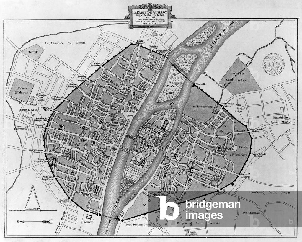 Map of Paris, 1300, engraving (1875)