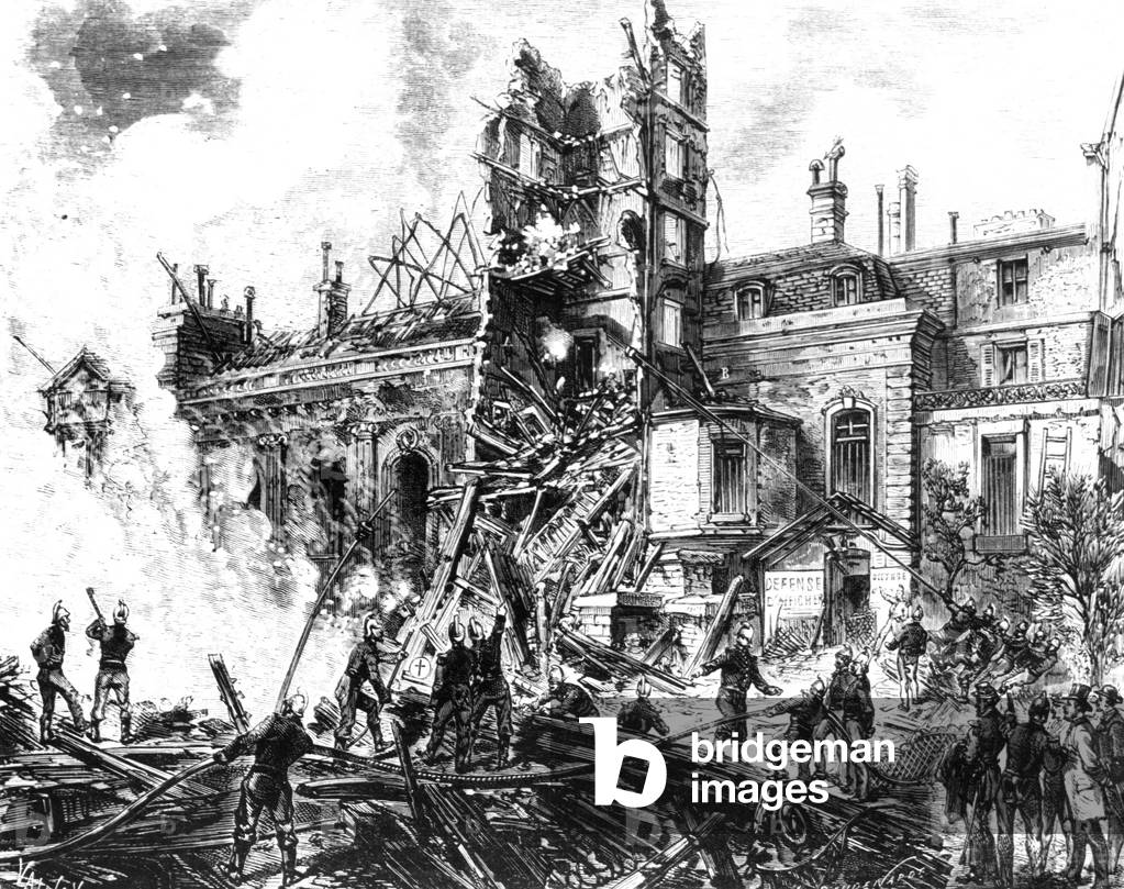 fire of the Peletier Opera in Paris in 1883, engraving