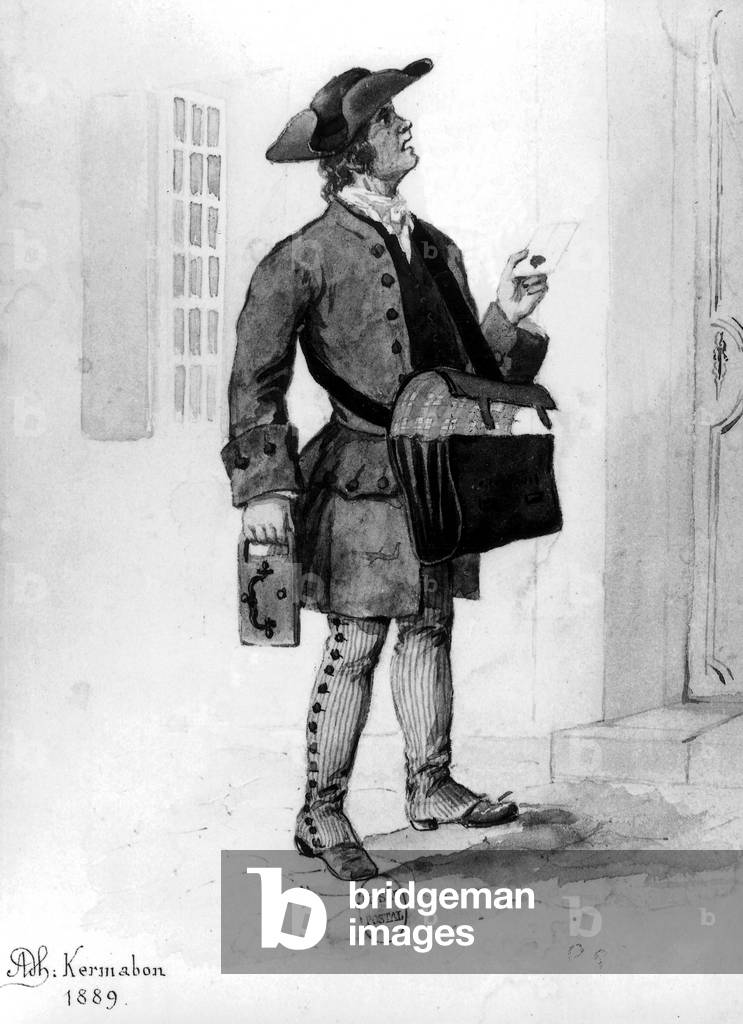 A postman in 18th century, watercolor by Adhemar Kermabon (1889)