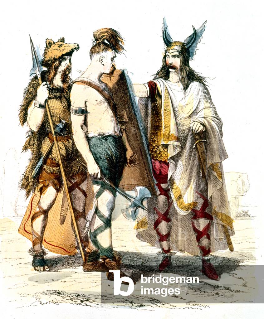 Frank warriors in the 5th century, engraving by Deghouy 19th century