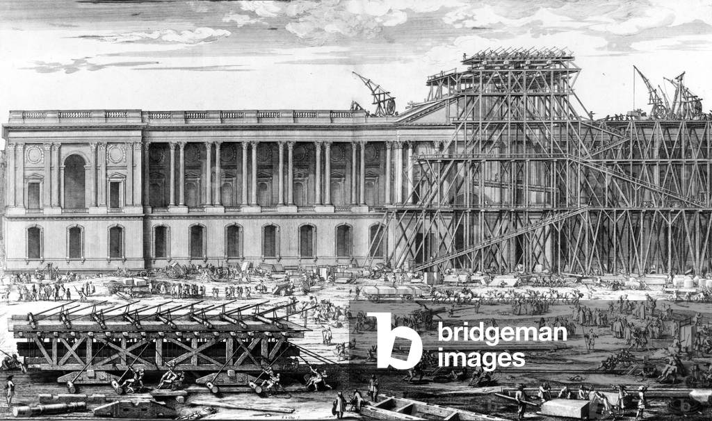 View of the colonnade of the Louvre Palace in Paris, built in 1668-1670 after architect Perrault, engraving by Sebastien Leclerc (1677)