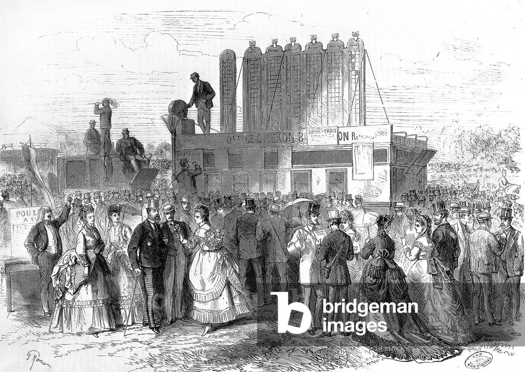 Longchamps horse race racing late 19th century, engraving