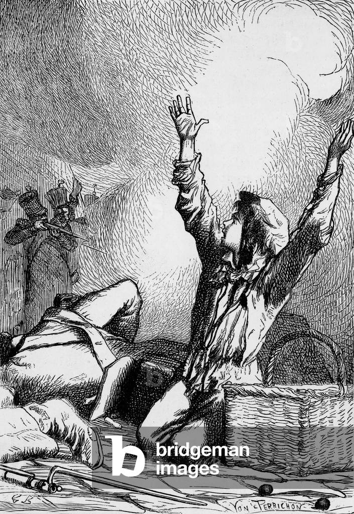 Gavroche on the barricades, 1830 revoltuion in Paris, engraving by Perrichon for 