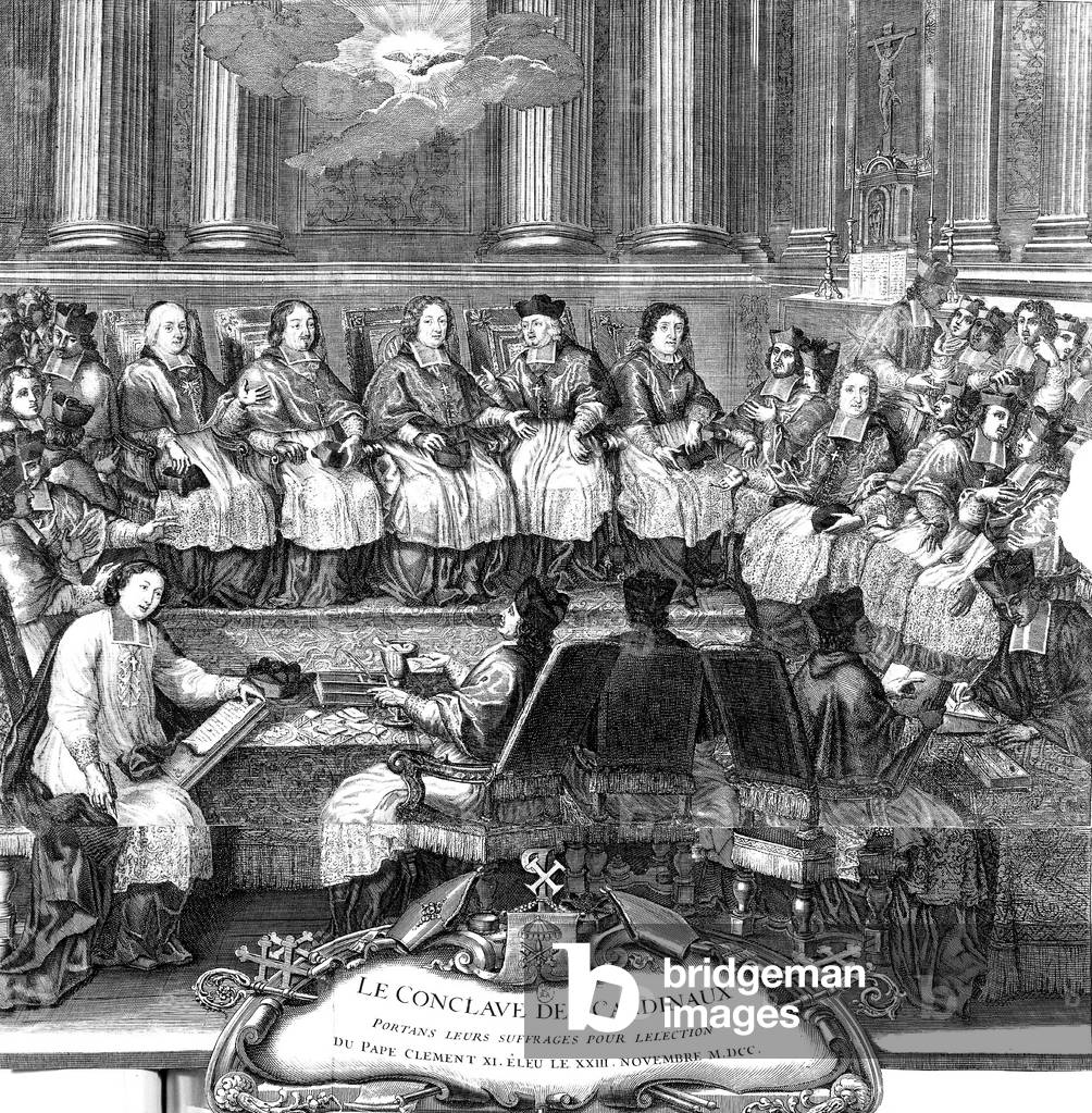 The conclave of Cardinals : election of pope Clement XI on november 23, 1700, engraving