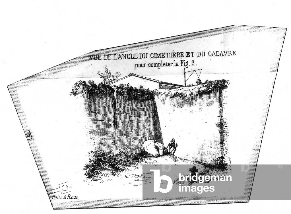 reconstruction of the place where was found the body of Cecile Combettes, young 15 year-old girl who was the victim of presumed Louis Bonafous, known as brother Leotade, along the wall of convent in Toulouse, south of France, april 1847