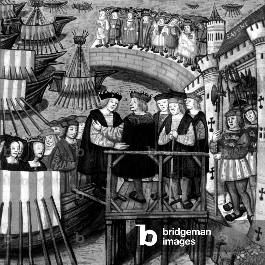Meeting of French king Louis XII and spanish king Ferdinand II of Aragon, 24-28 june 1507, in Savone (Italy) about territorial encroachment of republic ofVenice, French illumination, 1507-1508