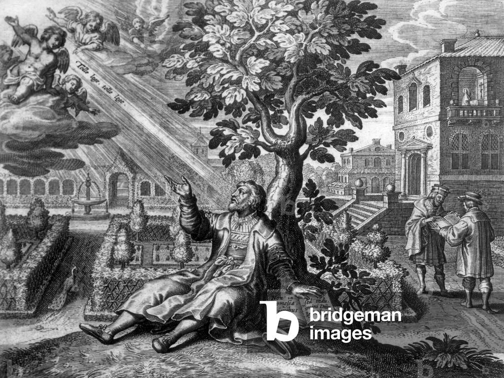 Symbolic representation of the christian philosopher and bishop Aurelius Augustinus (354 -430) called St Augustine : he's under atree, angels appere and show him divine inspiration whoch says 