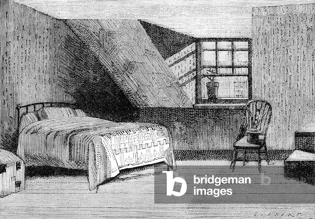 Room where died Joseph Mallord William Turner in Chelsea on december 19, 1851, engraving
