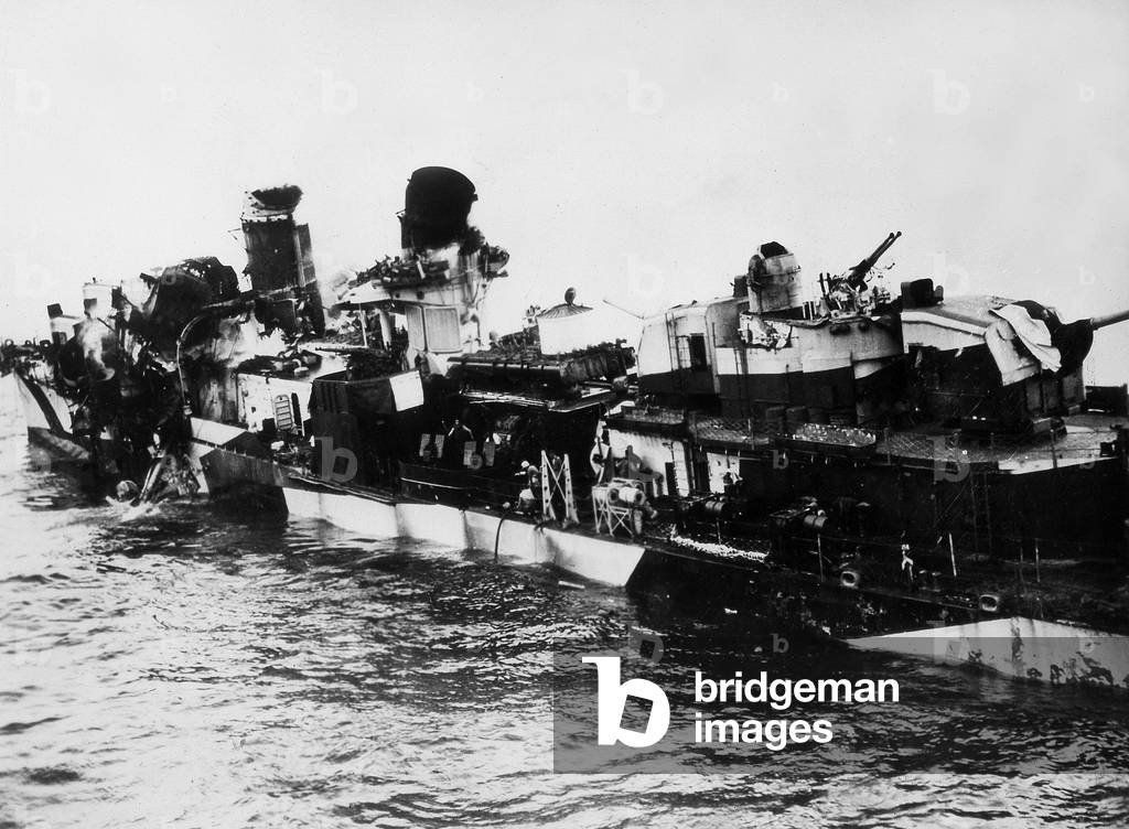 American destroyer USS Hazelwood after suicide attack off Okinawa, 1945