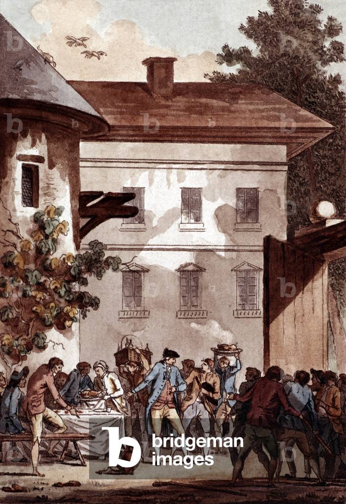 Patrice Marc Walsh de Chassenon (1701-1790) english seller, appeasing people who want to destroy his catle of Chassenon, 1789, engraving by Janinet