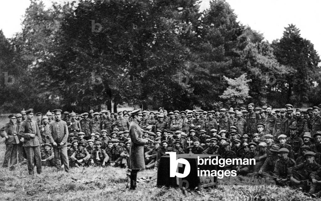 Protestant religious service held in english language for prisoners of war by german military field pastor on the western front 1917