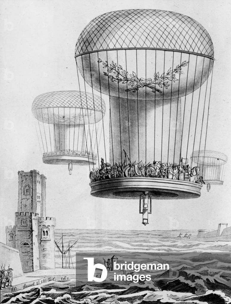 Hot-Air Balloon designed to attack England from Boulogne-sur-Mer Camp, Napoleonic Wars (engraving)