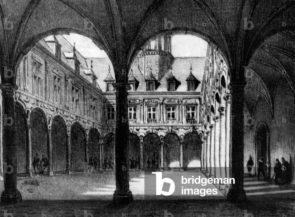 The cloister of old stock exchange in Lille (France) built in 17th century, engraving, 19th century