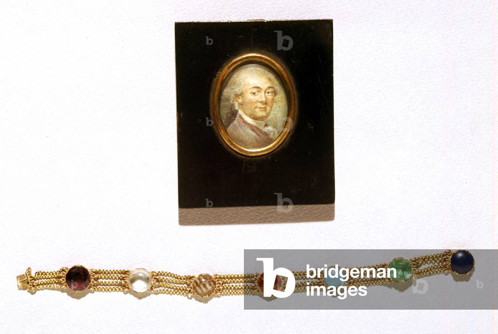 Charles Bonaparte(1746-1785), father of emperor Napoleon1st, miniature attributed to Isabey, c. 1780. Bracelet of Letizia Ramolino, his wife, with 7 stones (initiales forming her name), collection museo Napoleonico (Roma)