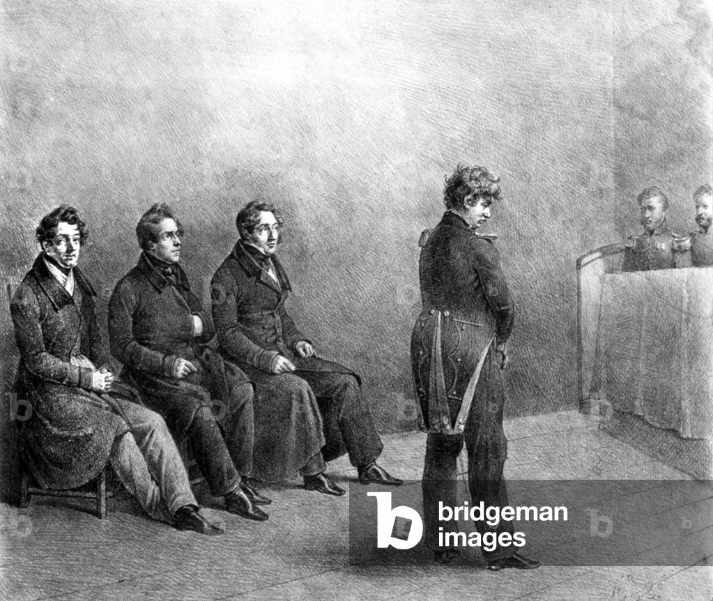 Trial of conspiracy of Strasbourg (led by rince Louis Napoleon, future Napoleon III, against july monarchy) in 1836, engraving