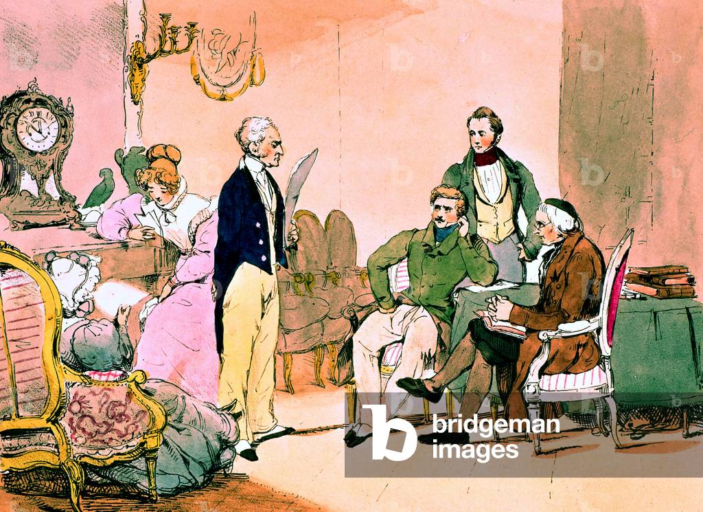 In a bourgeois interior France, c. 1830 - 1840 : reading of mails and papers, engraving