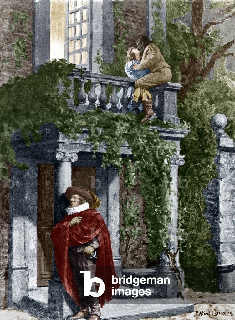 Roxane's kiss , drawing by Paul Albert Laurens (1870-1934) of the balcony scene for play Cyrano de Bergerac by Edmond Rostand colorized document