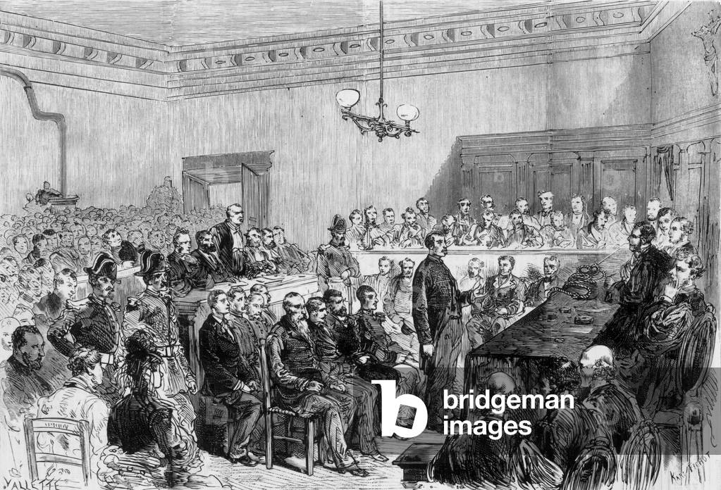 Trial of escape of French marshal Francois Achille Bazaine (1811-1888) in september 1874 in Grasse (France), engraving