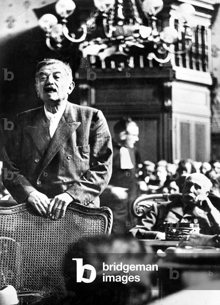 Trial of French marshal Philippe Petain (seated in the background) in Paris july-august 1945 : evidence of Pierre Laval on august 3, 1945