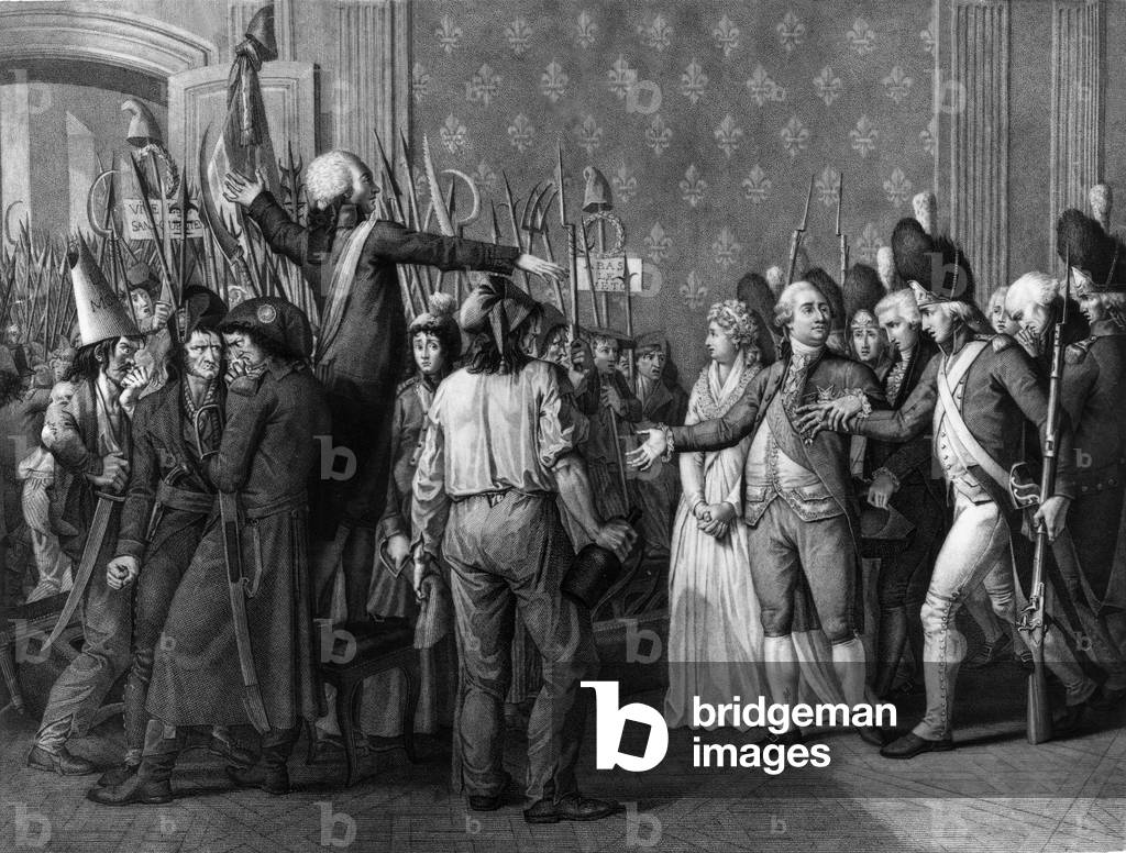 June 20, 1792 : people invading Tuileries palace in Paris where are king Louis XVI and queen Marie-Antoinette, they want the return of ministers and they want the king to accept decrees he doesn't want, engraving by Verite after a drawing by Bouillon