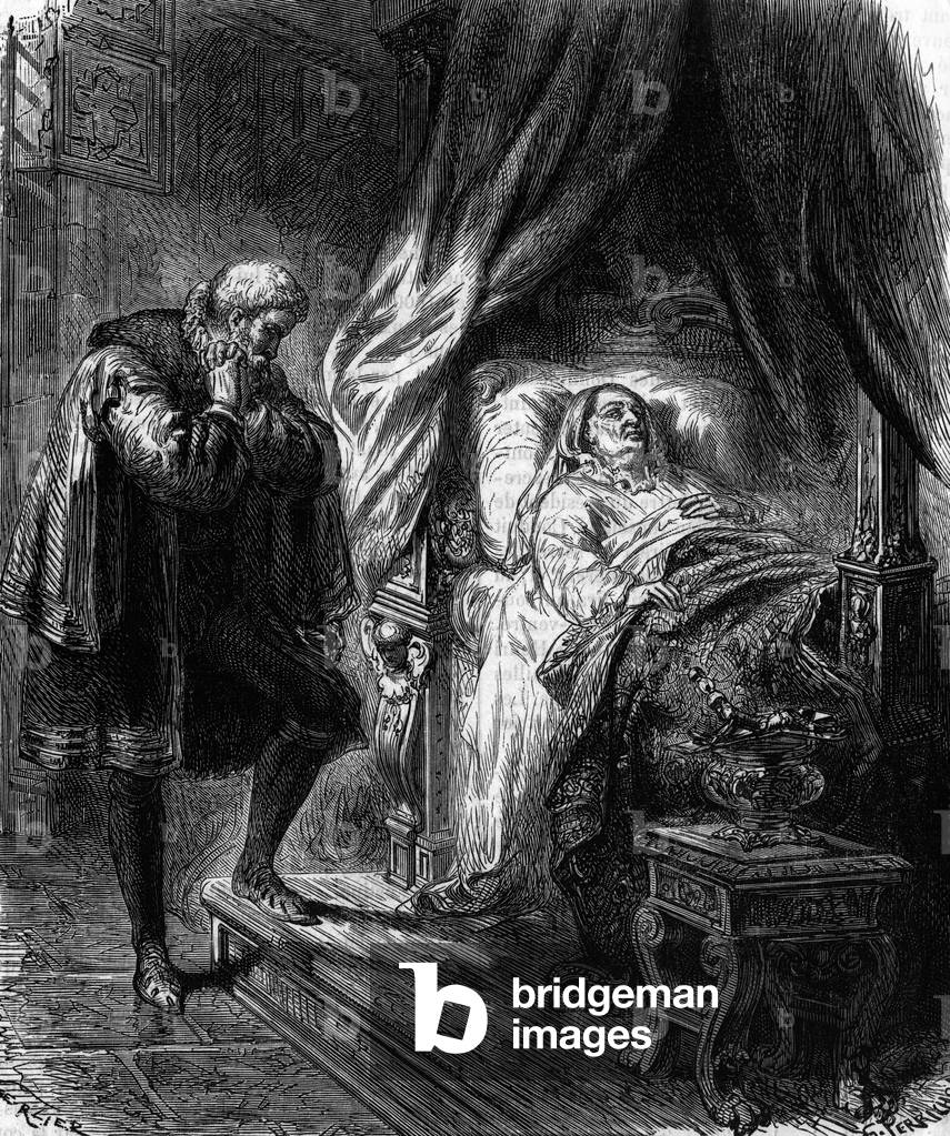 Death of Catherine de Medicis (1519-1589) wife of HenriII and queen of France in 1547-1559 then regent in 1560-1574, engraving by Perrichon (19th century)