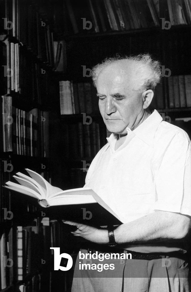 Israeli prime minister here in his library in Tel Aviv, Israel, c. 1960