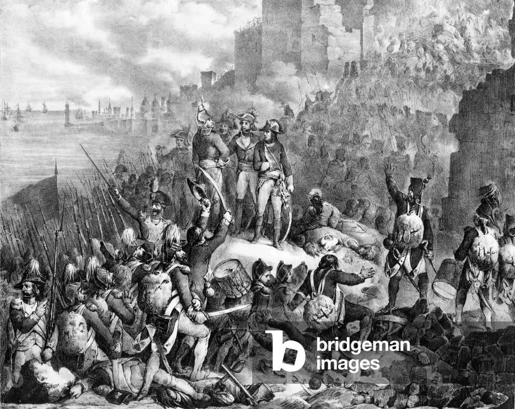 siege of Saint John of Acre during Egypt campaign, which started on may 20, 1799 : Turk are besieged by Bonaparte's army who will give up, engraving