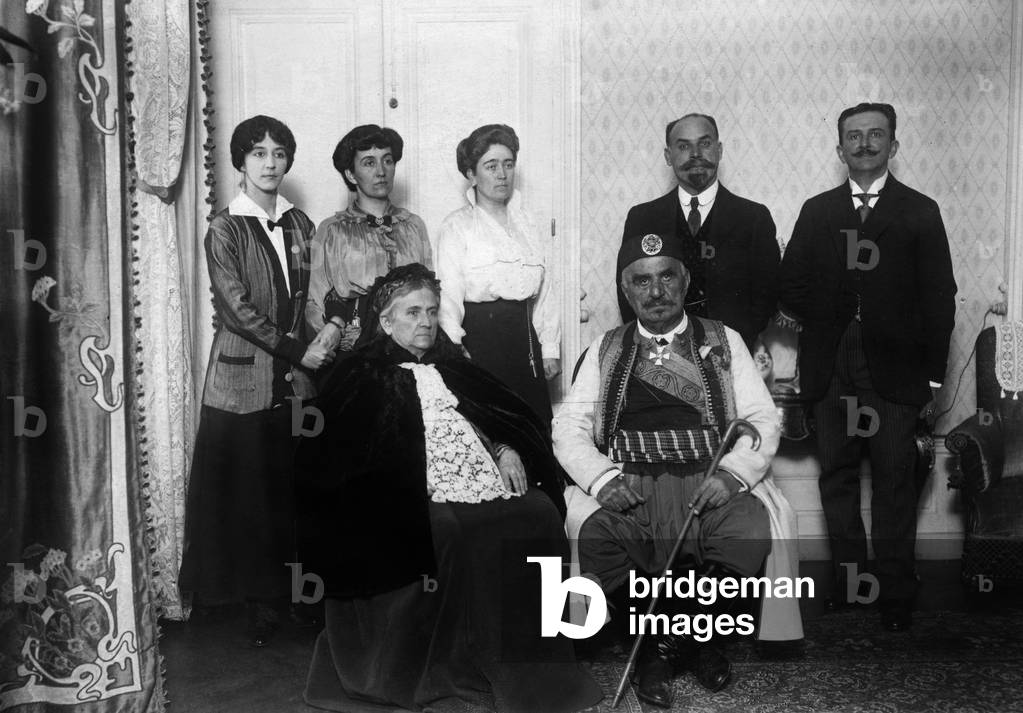 Montenegro Royal family in Lyon : l-r pricesses Vera (1887-1927), Xenia (1881-1960) and Militsa (1866-1951), daughters of king, council president, prince Danilo (1871-1939), son of king, and in the foreground : king Nicolas 1st (king in 1910-1918) and queen Milena Vukotic (1847-1923)