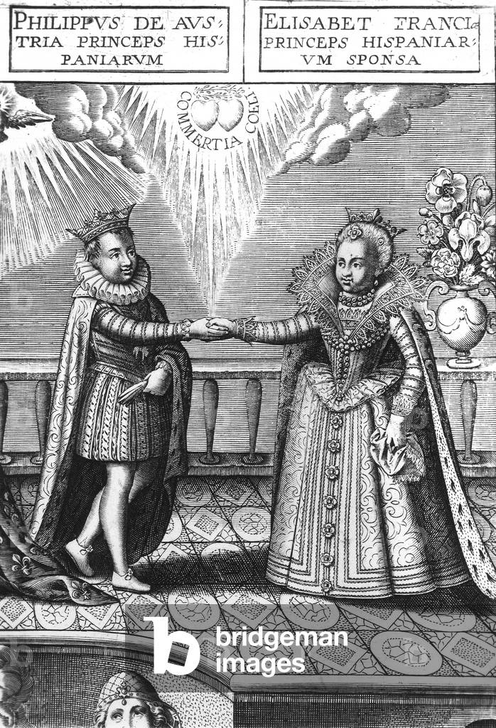 Wedding in 1615 of future king Philippe IV of Spain (1605-1665) and Elisabeth of France, engraving