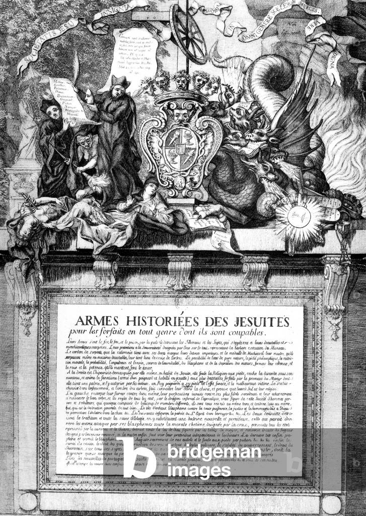 Coat of arms of Jesuits for their hideous crime, engraving, 18th century