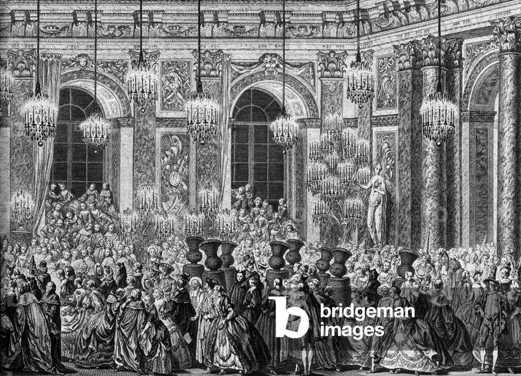 masked ball in Hall of mirrors in Versailles castle for wedding of Dauphin of France Louis and spanish infant Marie-Therese february 23, 1745 , engraving by Cochin