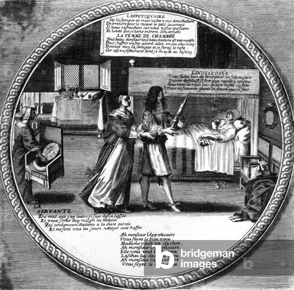 The doctor in the 17th century : a doctor is going to give a woman in bed an enema, engraving