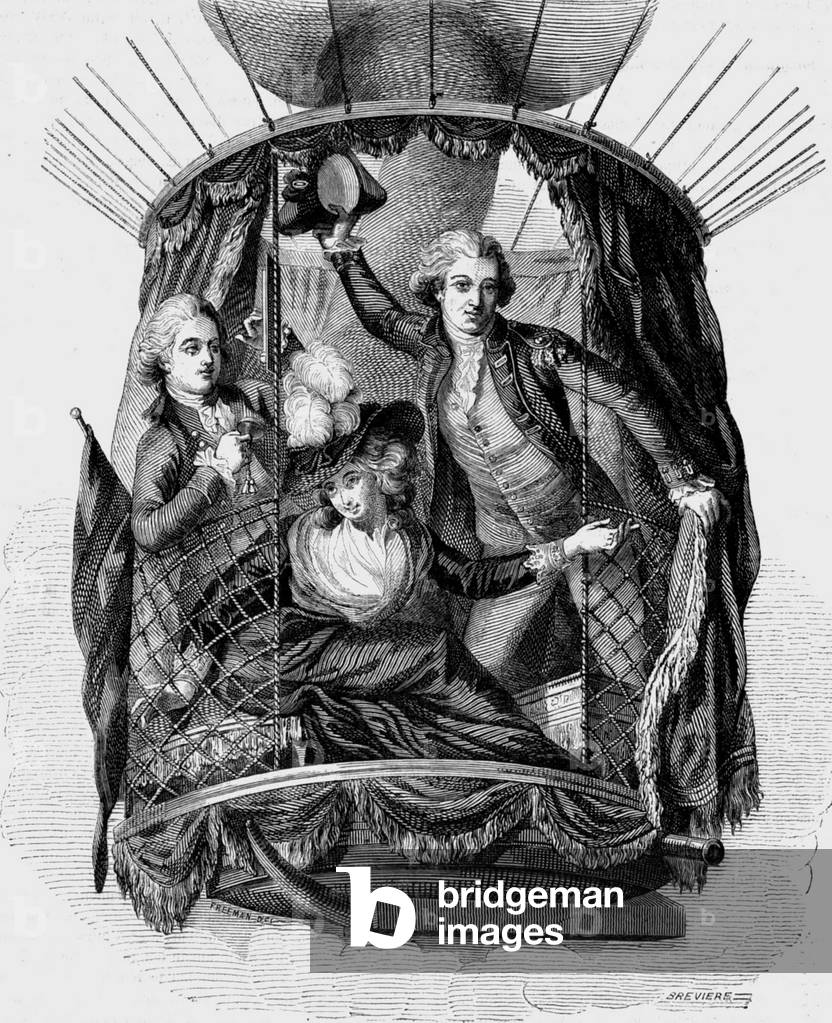1st ascent with aerostat by Mrs Sage, knight Biggin and captain Victor Lunardi may 20, 1785, engraving