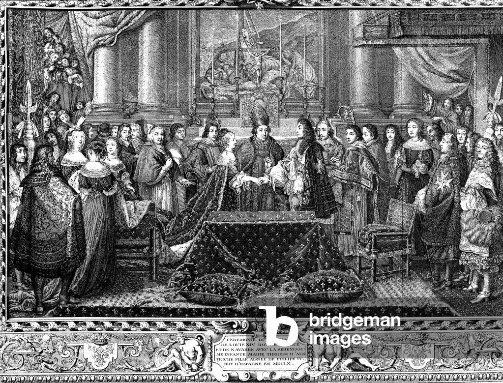 Wedding of French king Louis XIV (1638-1715, roi en 1643-1715) with his cousin Marie Therese of Austria in Saint Jean de Luz on june 9, 1660, celebrated by bishop of Bayonne, engraving, 17th century