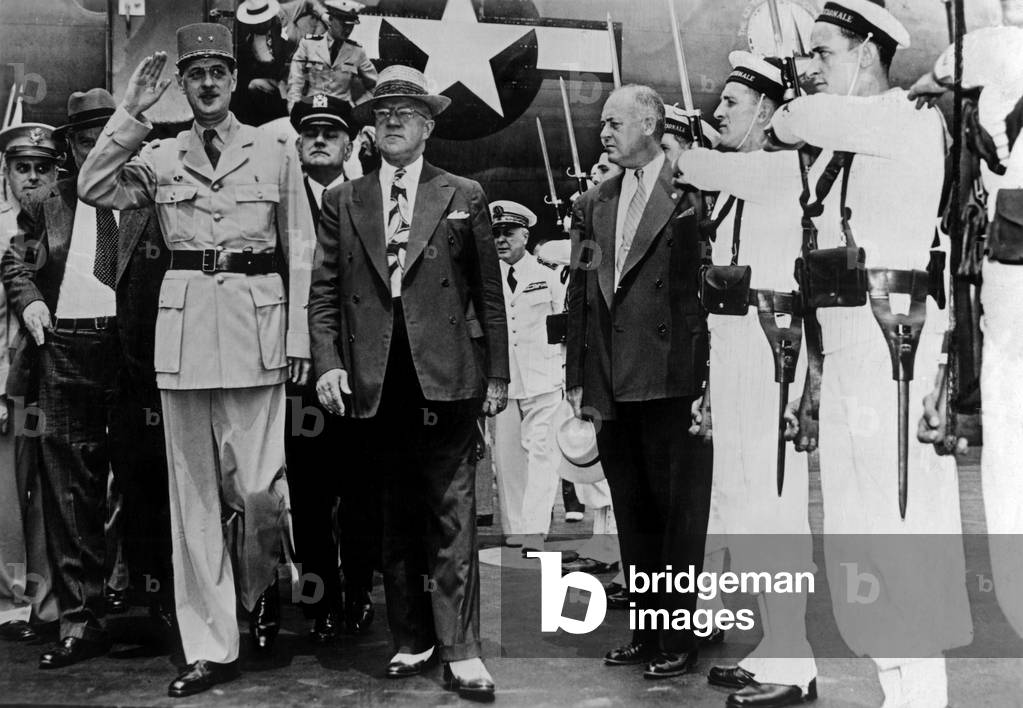 French General Charles de Gaulle arriving in New York july 6, 1944 (before meeting with american president FranklinDelanoRoosevelt in the White House in Washington july 06-11, 1944. De Gaulle's visit in the USA to study the issue of allied cooperation with american president)
