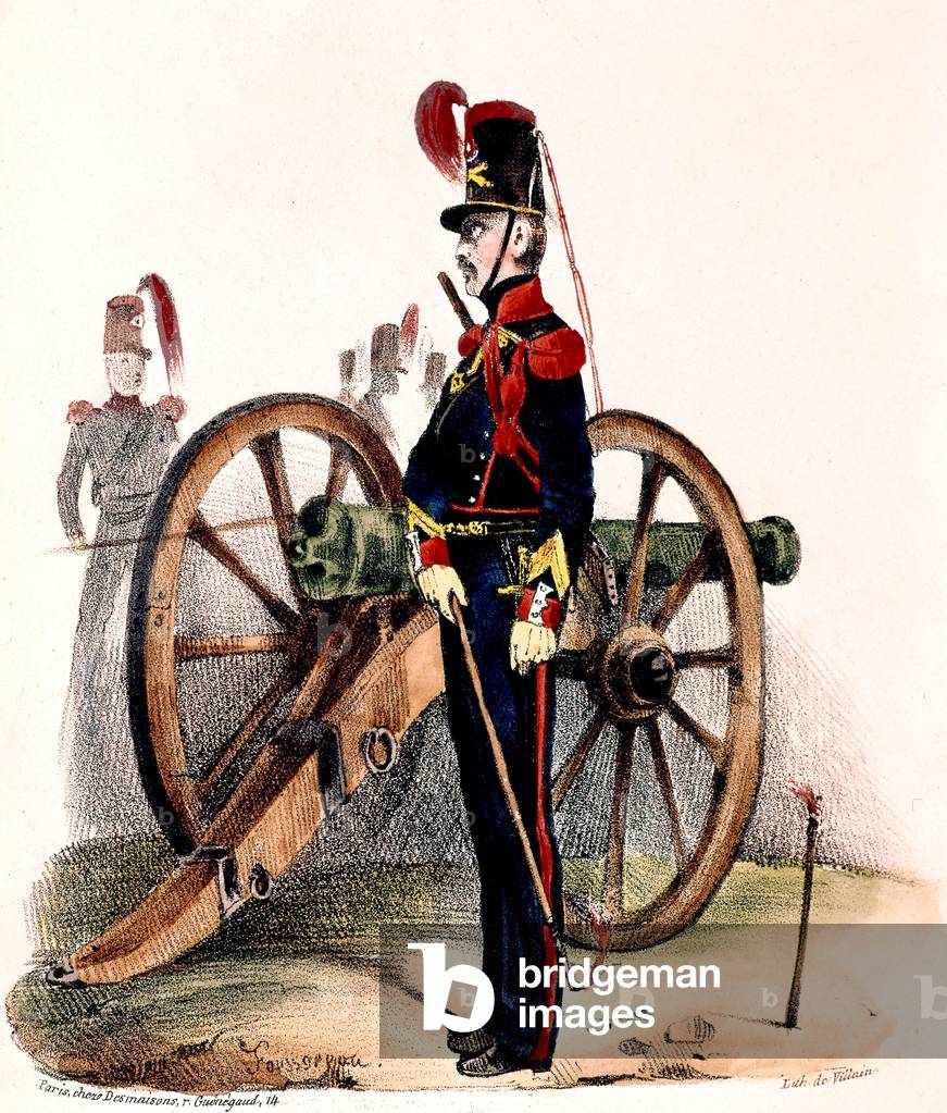 gunner officer of the National guard wearing winter regala uniform, engraving 19th century